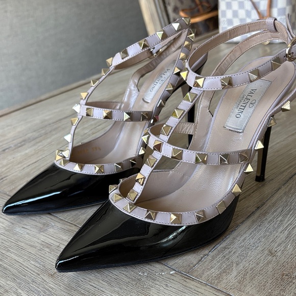 Valentino Shoes - Valentino Black Patent Leather Rockstud T-Strap Heels with Nude Straps